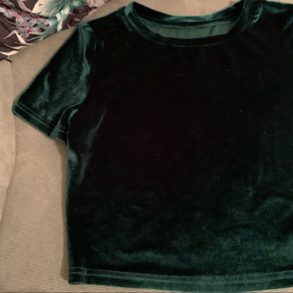 Tops - Emerald Green Velvet Short Sleeve Crop Top